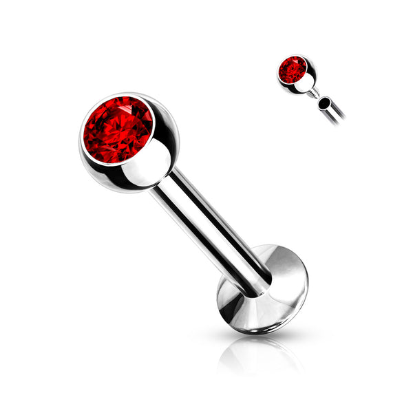 316L Surgical Steel Internally Threaded Red CZ Labret Flat Back 316L Surgical Steel Internally Threaded Red CZ Labret Flat Back
