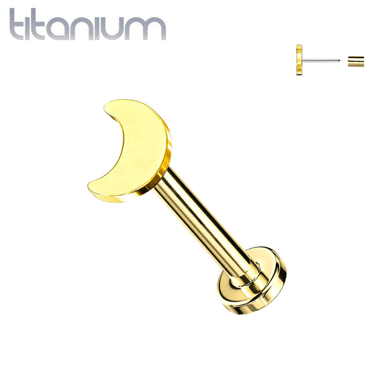 Implant Grade Titanium Threadless Push In Tragus/Cartilage Gold PVD Crescent Moon Stud With Flat Back - Pierced Universe