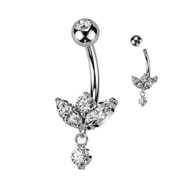 316L Surgical Steel Dangling Petal Flower White CZ Belly Ring 316L Surgical Steel Dangling Petal Flower White CZ Belly Ring
