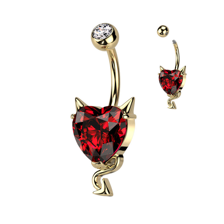316L Surgical Steel Gold PVD Devil Horns Red CZ Heart Belly Ring - Pierced Universe