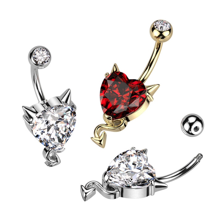 316L Surgical Steel Gold PVD Devil Horns Red CZ Heart Belly Ring - Pierced Universe