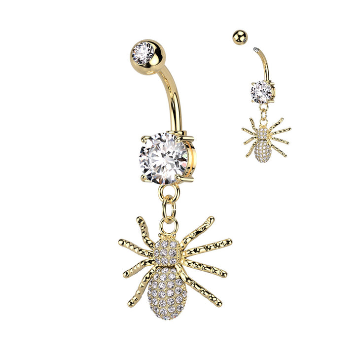 316L Surgical Steel Gold PVD White CZ Spider Dangle Belly Ring - Pierced Universe