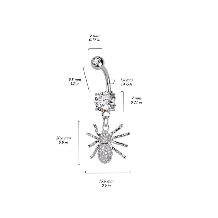 316L Surgical Steel White CZ Spider Dangle Belly Ring - Pierced Universe