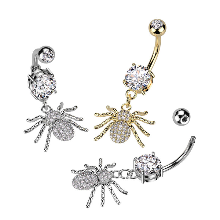 316L Surgical Steel White CZ Spider Dangle Belly Ring - Pierced Universe