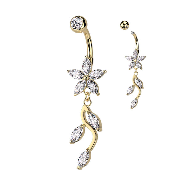 316L Surgical Steel Gold PVD White CZ Flower Vine Dangle Belly Ring - Pierced Universe