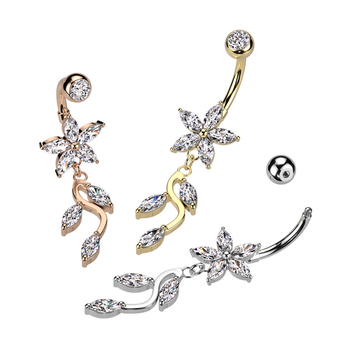 316L Surgical Steel Rose Gold PVD White CZ Flower Vine Dangle Belly Ring - Pierced Universe