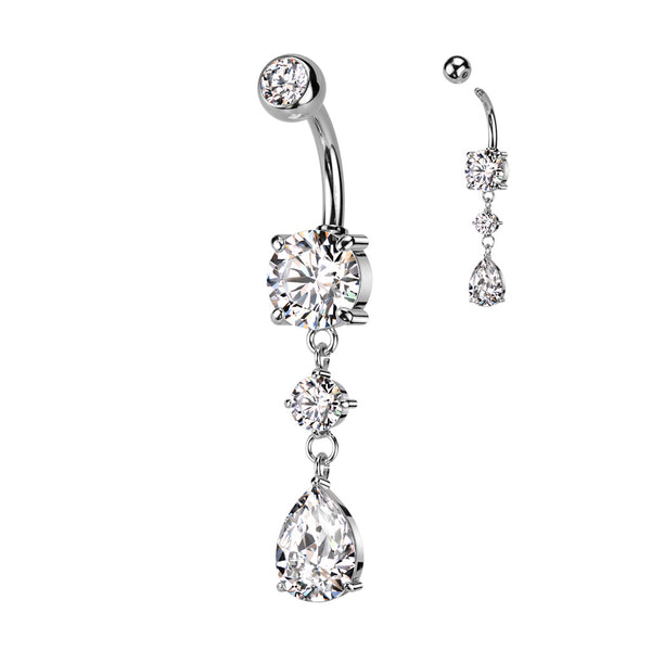 316L Surgical Steel White CZ Circle Teardrop Dangle Belly Ring - Pierced Universe