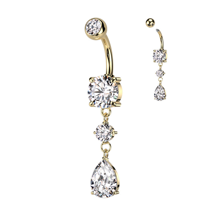 316L Surgical Steel Gold PVD White CZ Circle Teardrop Dangle Belly Ring - Pierced Universe