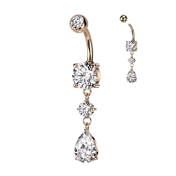 316L Surgical Steel Rose Gold PVD White CZ Circle Teardrop Dangle Belly Ring - Pierced Universe