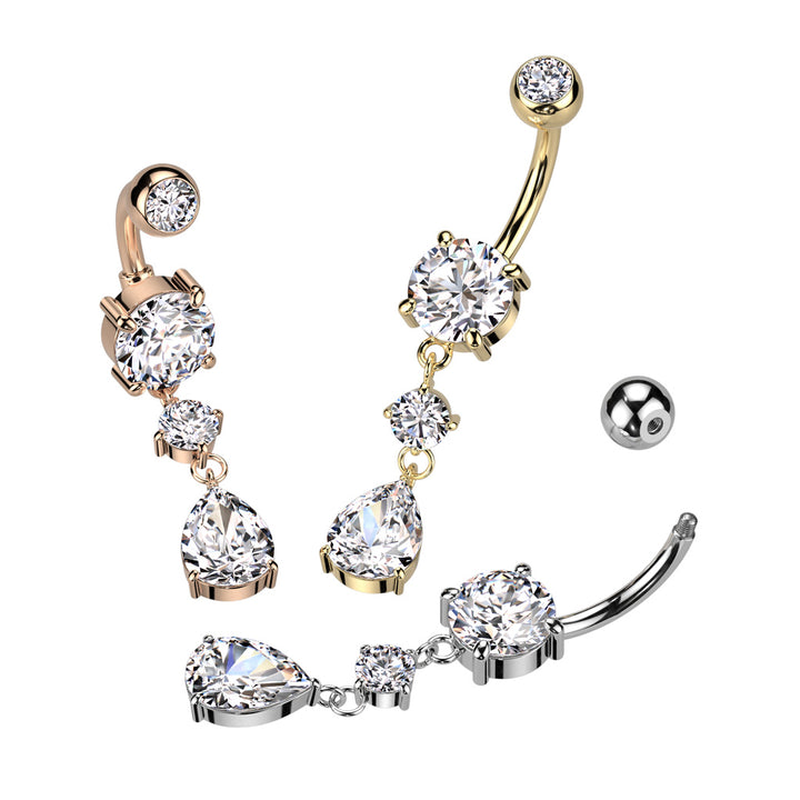316L Surgical Steel Gold PVD White CZ Circle Teardrop Dangle Belly Ring - Pierced Universe