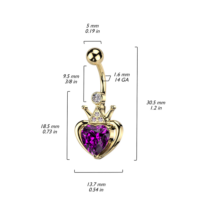 316L Surgical Steel Gold PVD Pink & White CZ Heart Crown Belly Ring - Pierced Universe