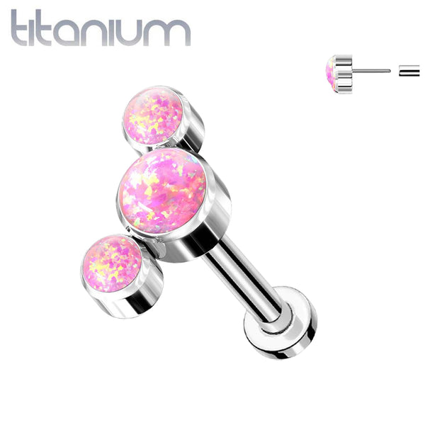Implant Grade Titanium Threadless Push In Cartilage 3 Gem Curved Pink Opal Labret with Flat Back - Pierced Universe