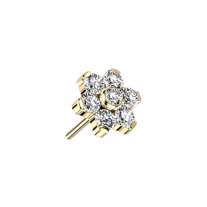 Implant Grade Titanium Gold PVD Threadless Push In Nose Ring White CZ Flower With Flat Back - Pierced Universe
