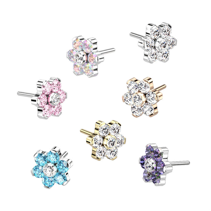 Implant Grade Titanium Threadless Gold PVD Push In Tragus/Cartilage White CZ Flower With Flat Back - Pierced Universe