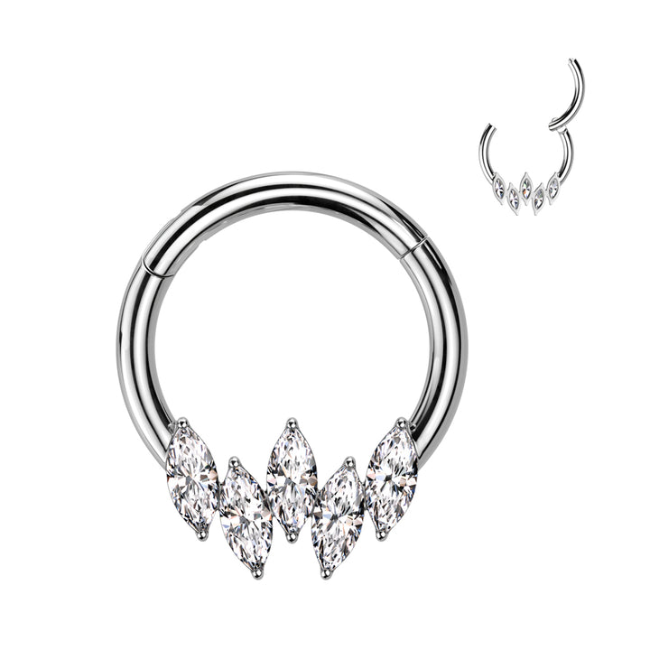 316L Surgical Steel 5 Gem Marquise White CZ Septum Daith Hinged Clicker Hoop - Pierced Universe
