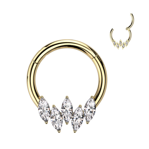 316L Surgical Steel Gold PVD 5 Gem Marquise White CZ Septum Daith Hinged Clicker Hoop - Pierced Universe