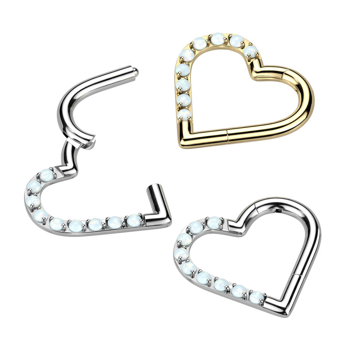 Implant Grade Titanium White Opal Heart Hinged Daith Clicker Hoop - Pierced Universe