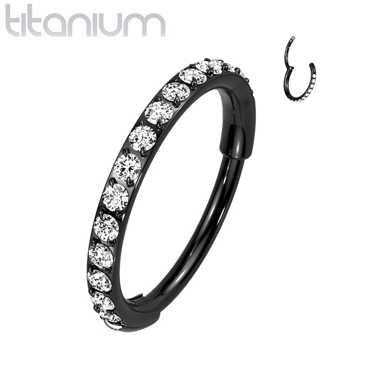 Implant Grade Titanium Black PVD Pave White CZ Nose Hoop Hinged Clicker Ring - Pierced Universe