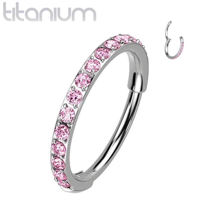 Implant Grade Titanium Pave Pink CZ Nose Hoop Hinged Clicker Ring - Pierced Universe