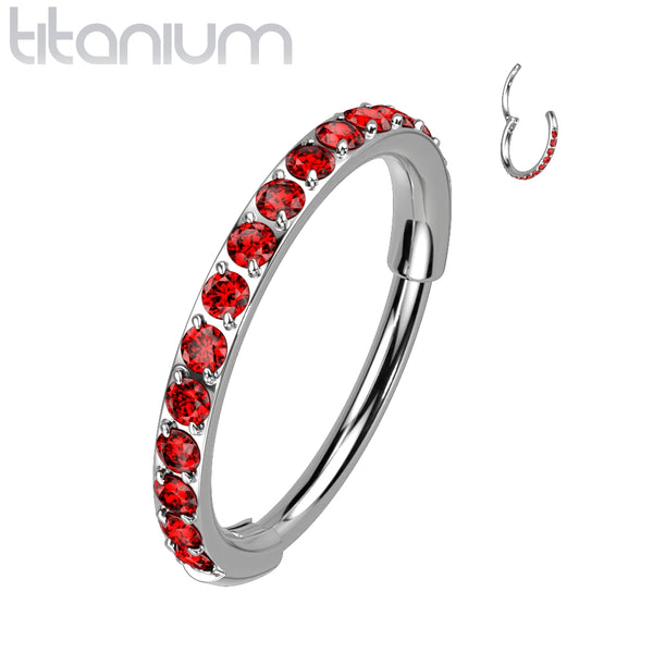 Implant Grade Titanium Pave Red CZ Nose Hoop Hinged Clicker Ring - Pierced Universe