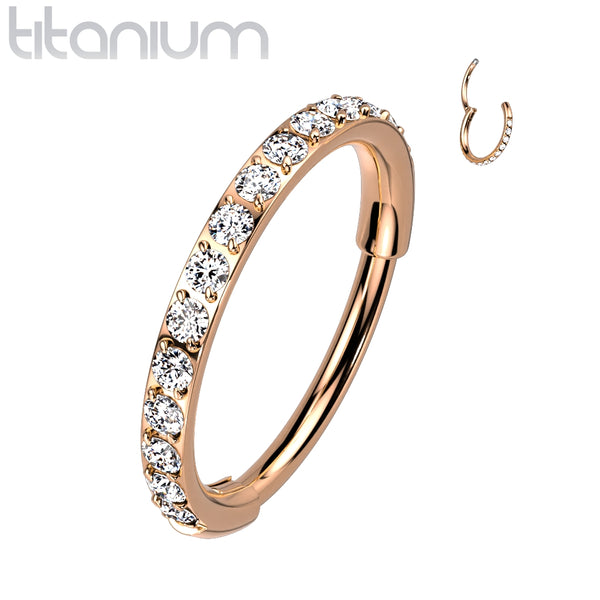 Implant Grade Titanium Rose Gold PVD Pave White CZ Nose Hoop Hinged Clicker Ring - Pierced Universe