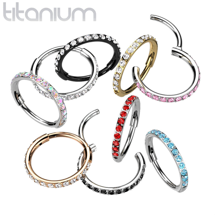 Implant Grade Titanium Rose Gold PVD Pave White CZ Nose Hoop Hinged Clicker Ring - Pierced Universe