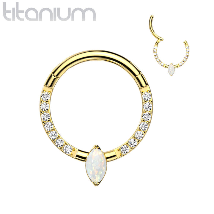 Implant Grade Titanium Gold PVD Pave CZ White Opal Marquise Gem Hinged Clicker Hoop - Pierced Universe