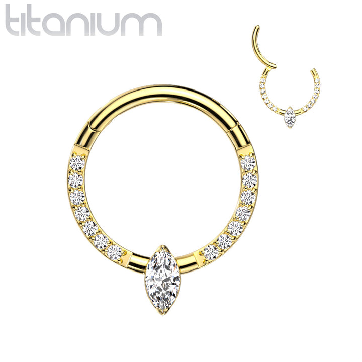 Implant Grade Titanium Gold PVD Pave White CZ Marquise Gem Hinged Clicker Hoop - Pierced Universe