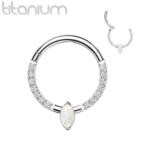 Implant Grade Titanium Pave CZ White Opal Marquise Gem Hinged Clicker Hoop - Pierced Universe
