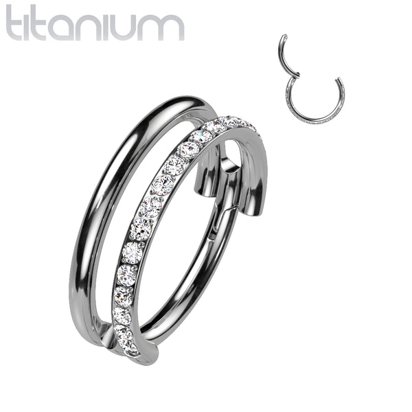 Implant Grade Titanium Double Hoop White CZ Pave Hinged Clicker - Pierced Universe