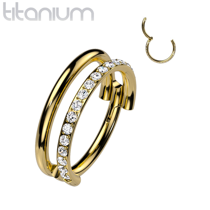 Implant Grade Titanium Gold PVD Double Hoop White CZ Pave Hinged Clicker - Pierced Universe