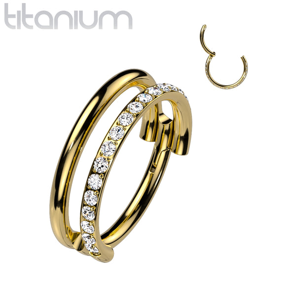 Implant Grade Titanium Gold PVD Double White CZ Gem Hinged Septum Daith Clicker Hoop Implant Grade Titanium Gold PVD Double White CZ Gem Hinged Septum Daith Clicker Hoop