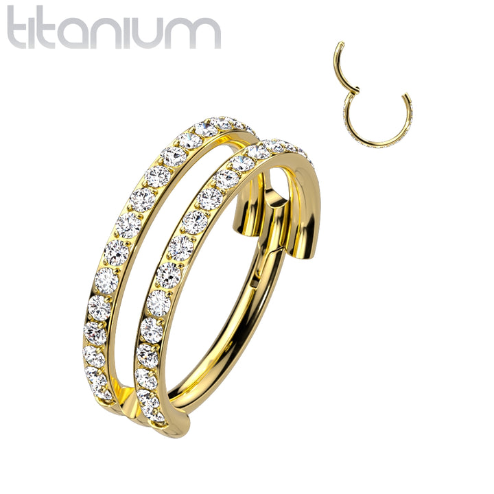 Implant Grade Titanium Gold PVD Double White CZ Pave Hinged Clicker Hoop - Pierced Universe