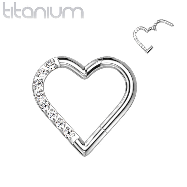 Implant Grade Titanium White CZ Heart Hinged Daith Clicker Hoop - Pierced Universe