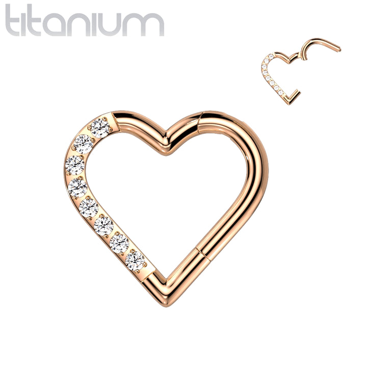Implant Grade Titanium Rose Gold PVD White CZ Heart Hinged Daith Clicker Hoop - Pierced Universe