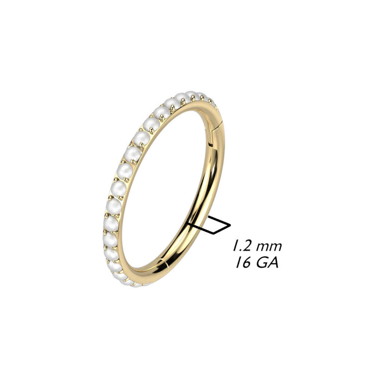 Implant Grade Titanium Gold PVD Pearl Studded Hinged Cartilage Clicker Hoop - Pierced Universe