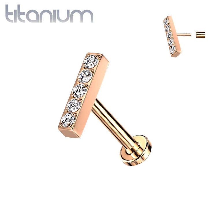 Titanium Rose Gold PVD Threadless Push In Labret White Studded CZ Rectangle Bar - Pierced Universe