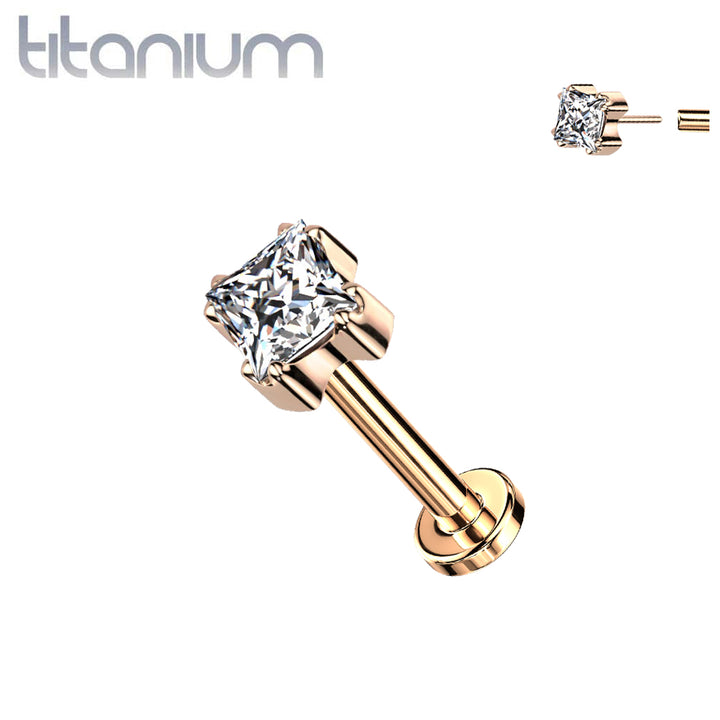 Implant Grade Titanium Rose Gold White CZ Square Gem Top Threadless Push In Labret - Pierced Universe