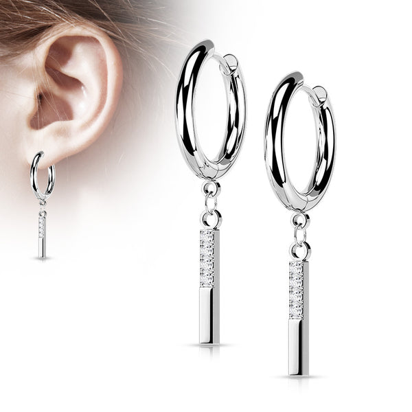 Pair Of 316L Surgical Steel White CZ Simple Line Dangle Hoop Earrings - Pierced Universe
