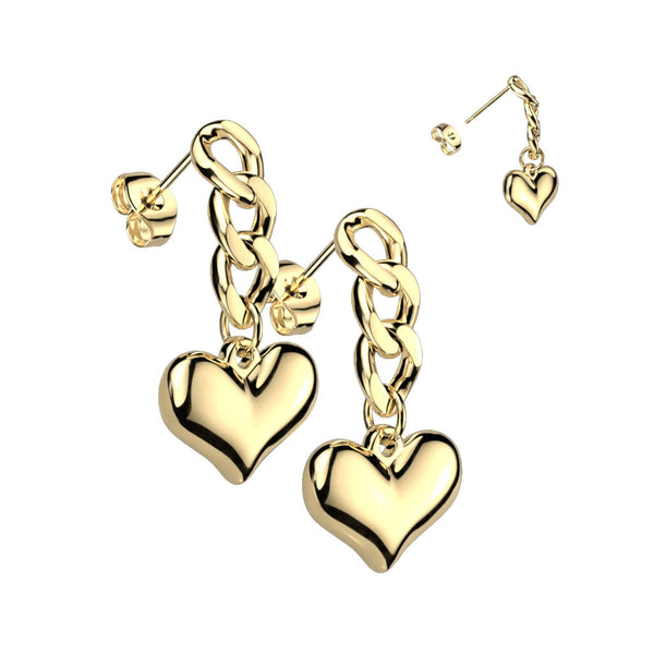 Pair of 316L Surgical Steel Gold PVD Dangle Heart Earrings - Pierced Universe