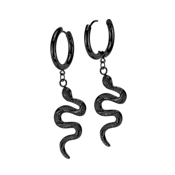 Pair of 316L Surgical Steel Black PVD Slithering Snake Dangle Hoop Earrings - Pierced Universe