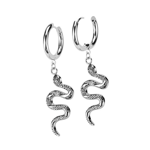 Pair of 316L Surgical Steel Slithering Snake Dangle Hoop Earrings - Pierced Universe