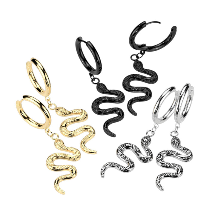 Pair of 316L Surgical Steel Gold PVD Slithering Snake Dangle Hoop Earrings - Pierced Universe
