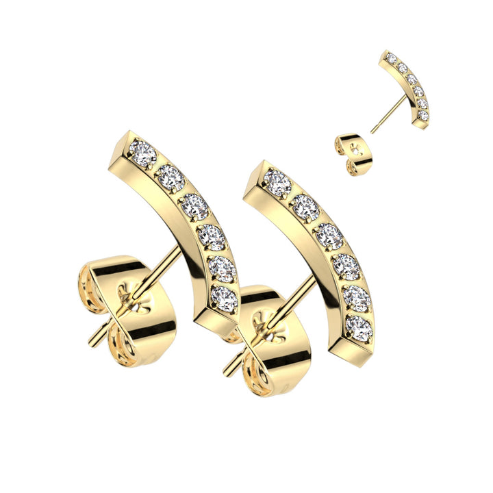 Pair of 316L Surgical Steel Gold PVD Curved White CZ Gem Earring Studs - Pierced Universe