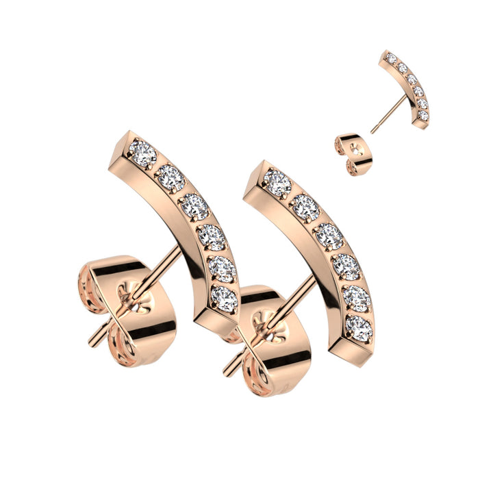 Pair of 316L Surgical Steel Rose Gold PVD Curved White CZ Gem Earring Studs - Pierced Universe