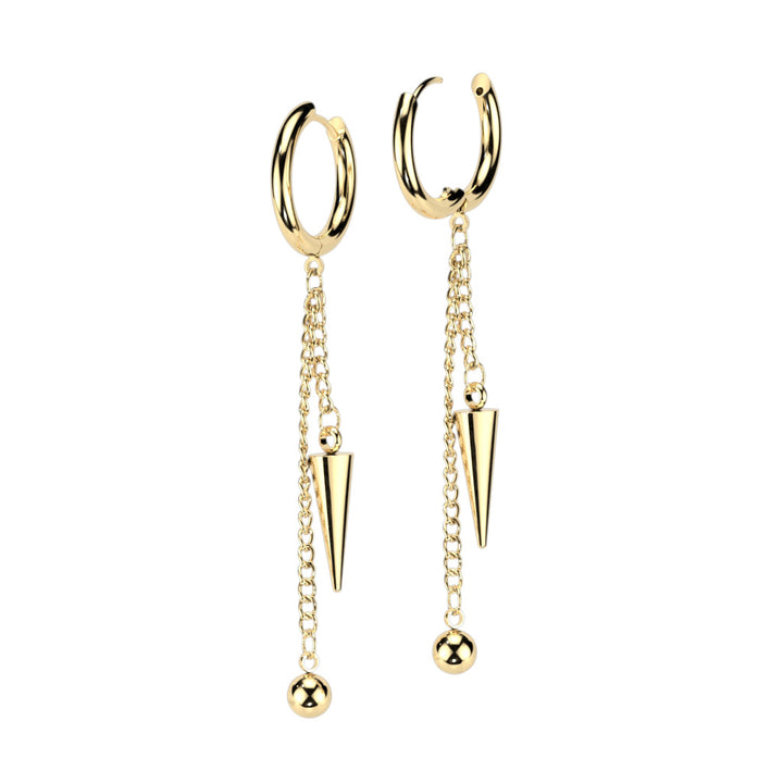 Pair of 316L Surgical Steel Gold PVD Ball And Spike Chain Dangle Hoop Earrings - Pierced Universe
