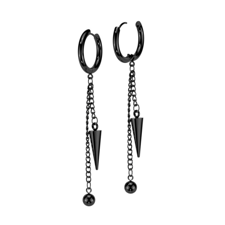 Pair of 316L Surgical Steel Black PVD Ball And Spike Chain Dangle Hoop Earrings - Pierced Universe