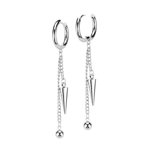 Pair of 316L Surgical Steel Ball And Spike Chain Dangle Hoop Earrings - Pierced Universe