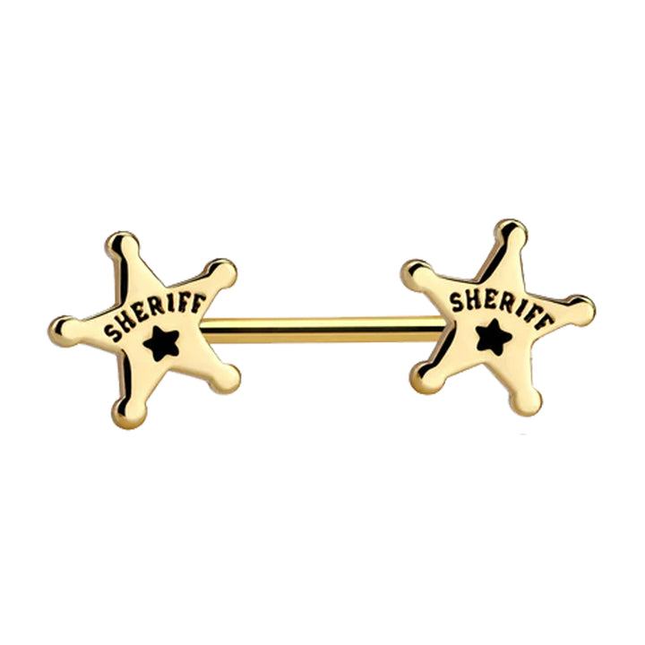 316L Surgical Steel Gold PVD Sheriff Badge Star Nipple Ring Barbell - Pierced Universe