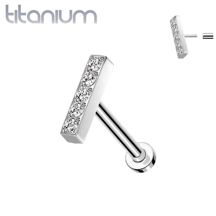 Implant Grade Titanium Threadless Push In Labret White Studded CZ Rectangle Bar - Pierced Universe